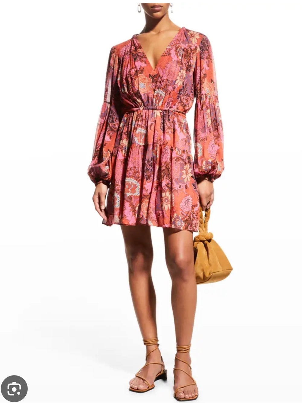 ALC Elise Pink Paisley V-Neck Long-Sleeve Mini Dress